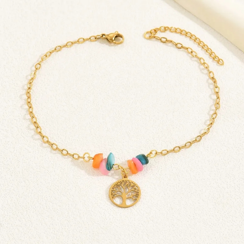 Gold Tree of Life Anklet Multicolor Beaded Ankle Bracelet 18K Summer Jewelry - Picture 12 of 13